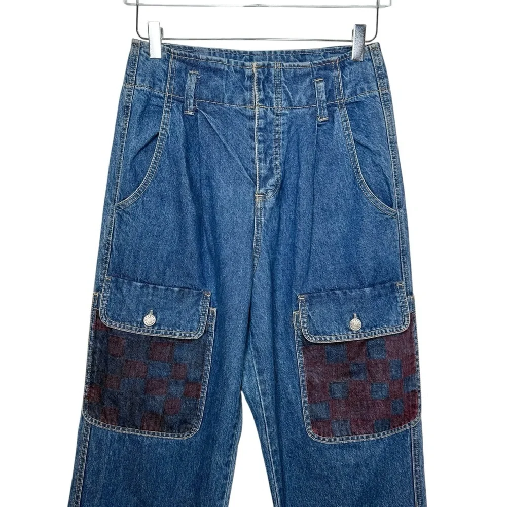 Happy x Nature Patchwork Plaid Pocket Wide Leg Jeans Boho Cottagecore Sz 4